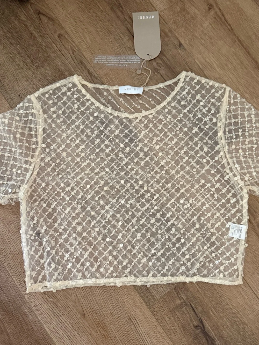 Meshki Cream pearl & sequin mesh crop top